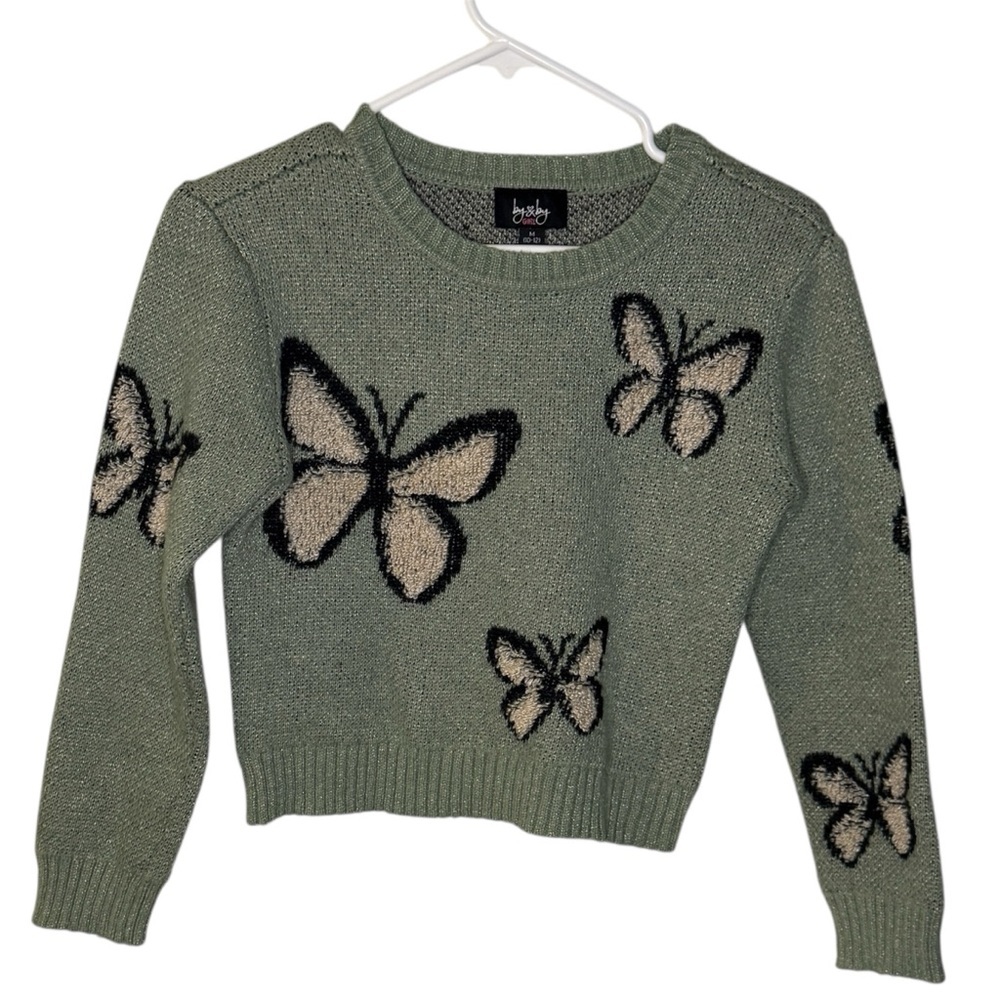 by & by Olive Green  Butterfly Crop Sweater Girls M SZ 10/12